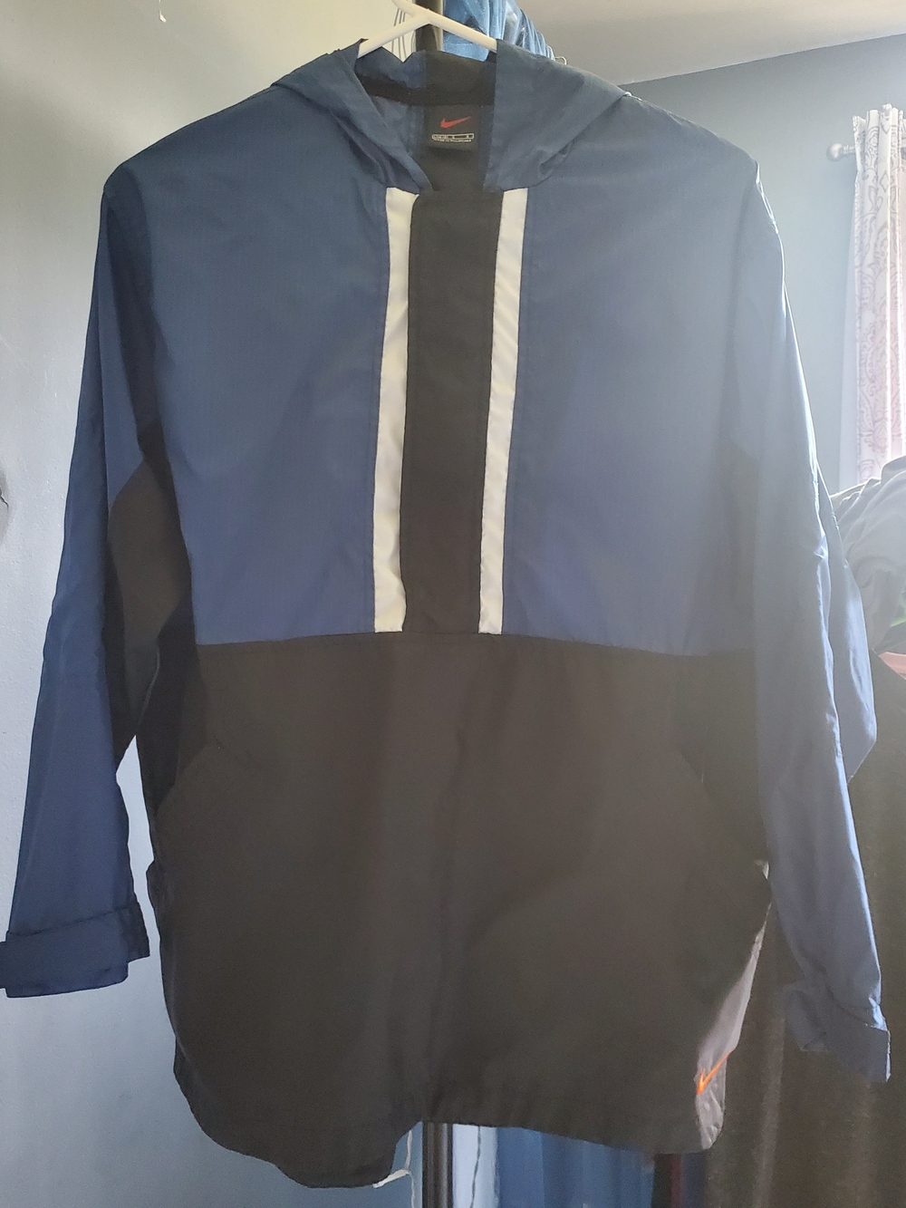 Nike Blue and Black Pullover Hooded Windbreaker with White Trim